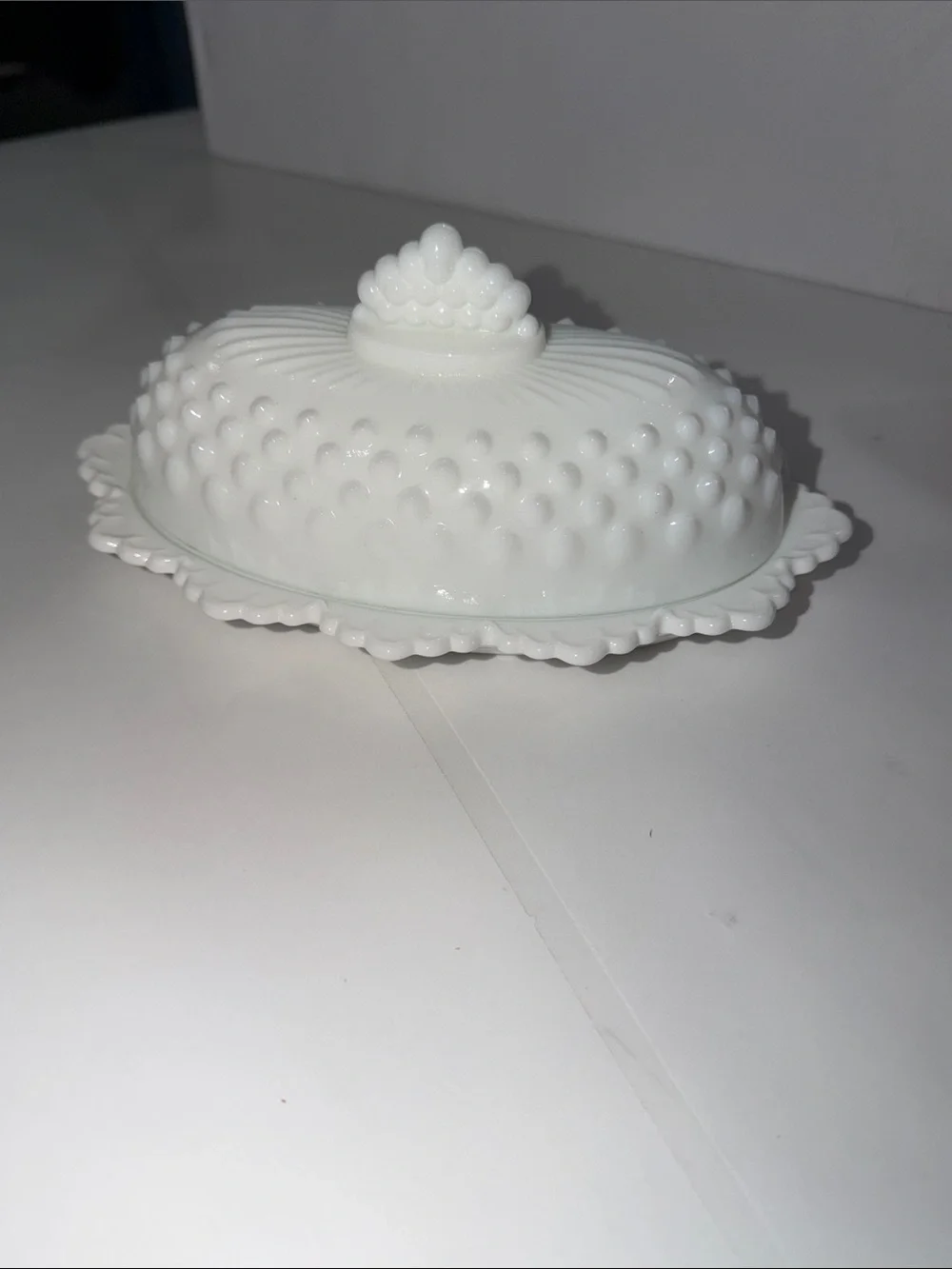Vintage Fenton White Milk Glass Hobnail Oval Covered Butter Dish